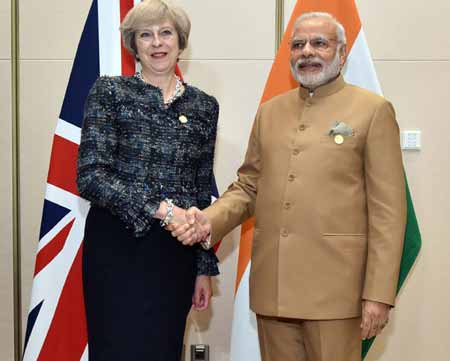 Prime Minister Narendra Modi with his UK counterpart Theresa May at G20 summit meeting in China. 