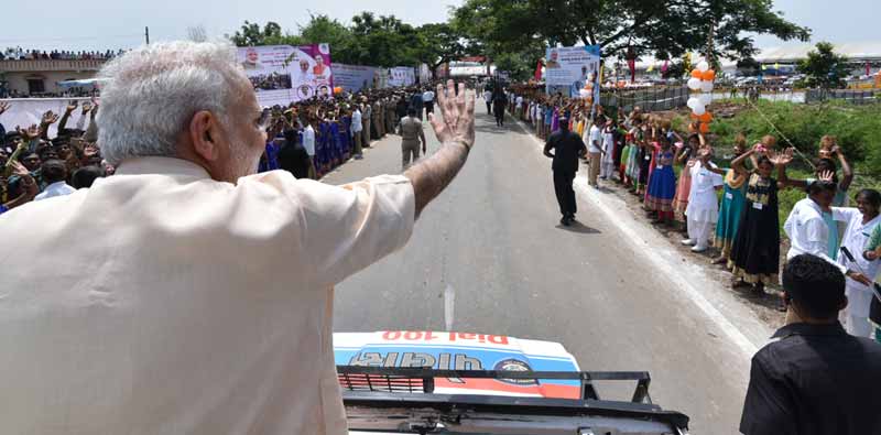Prime Minister greets people on his 66th birthday in Limkheda, Gujarat.