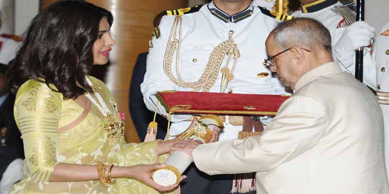 File Photo: President Pranab Mukherjee awarding film actress Priyana Chopra with Padma Shri award. April 12, 2016, New Delhi. 