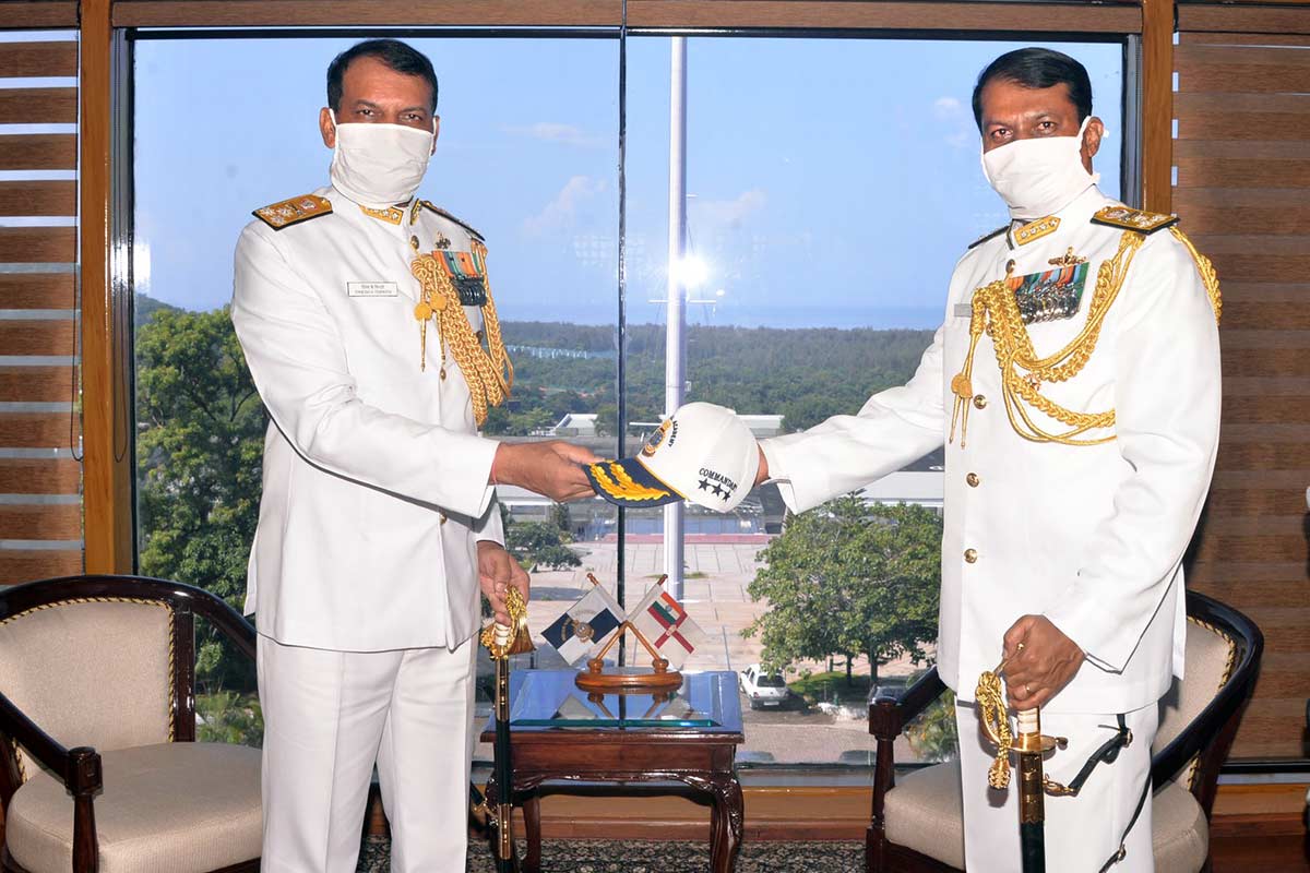 Photo: Dinesh K Tripathi (L) handed over charge to Vice Admiral MA Hampiholi