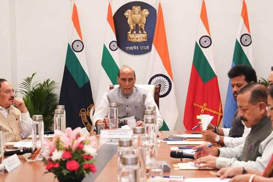 Defence Minister Rajnath Singh chaired a meeting of ministers on West Asia crises. 