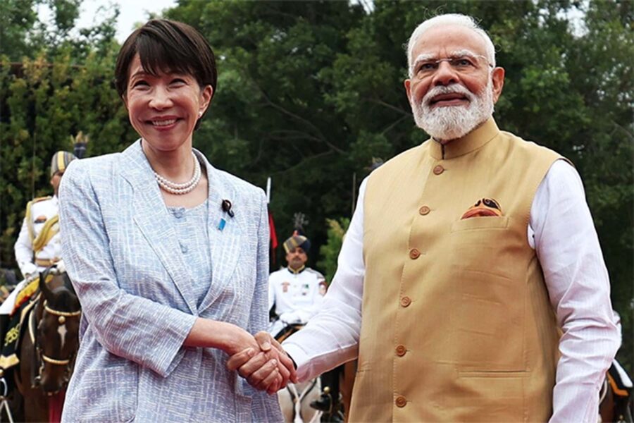India PM Narendra Modi (R) with Japan PM Sanae Takaichi (L) in New Delhi on July 02, 2026.