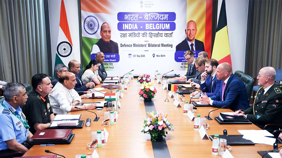 Rajnath Singh (L) with Belgium's defence minister Theo Francken in New Delhi. (03 September 2026)